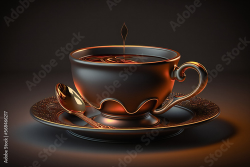 A warm and inviting cup of coffee set against a stunning golden-black background  creating a visually striking composition