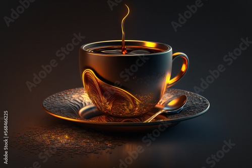 A simple yet elegant still life, featuring a steaming cup of coffee surrounded by the rich contrast of a golden-black background
