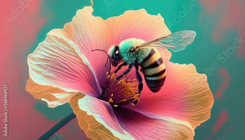 Happy bee on a hibiscus flower on a vibrant background. Generative AI