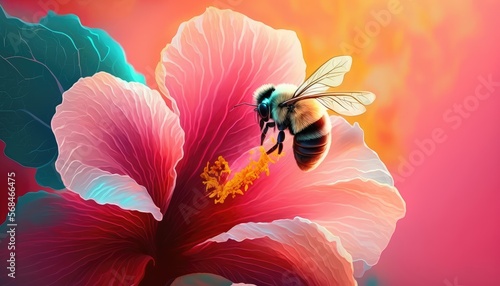 Fototapeta Naklejka Na Ścianę i Meble -  Happy bee on a hibiscus flower on a vibrant background. Generative AI