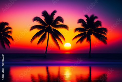 Sunset on the palm beach illustration AI © Eduardo