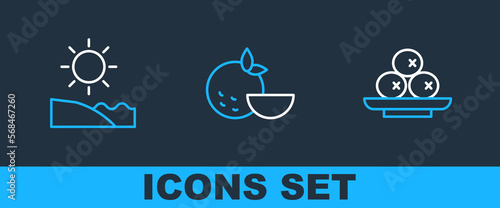 Set line Olives on plate, Beach and Orange fruit icon. Vector