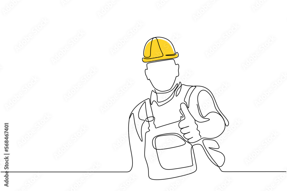 Single continuous line drawing of young construction worker. Building architecture business concept. One line draw design vector Single continuous line drawing of young construction worker. Building architecture business concept. One line draw design vector