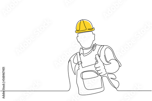 Single continuous line drawing of young construction worker. Building architecture business concept. One line draw design vector