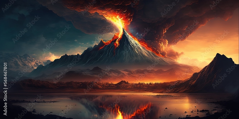 Amazing mountains erupting volcano near the river, generative artificial intelligence 