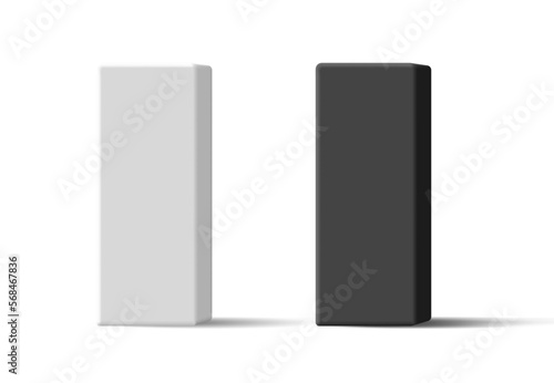 Black and white 3d rectangular box for advertising and branding of goods, cosmetics, medicine, health, industry and electronics. Boxes on a white background.