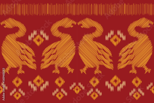 Ethnic Ikat fabric pattern geometric style.African Ikat embroidery bird Ethnic crimson red pink background. Abstract,vector,illustration.For texture,clothing,wrapping,decoration,carpet.