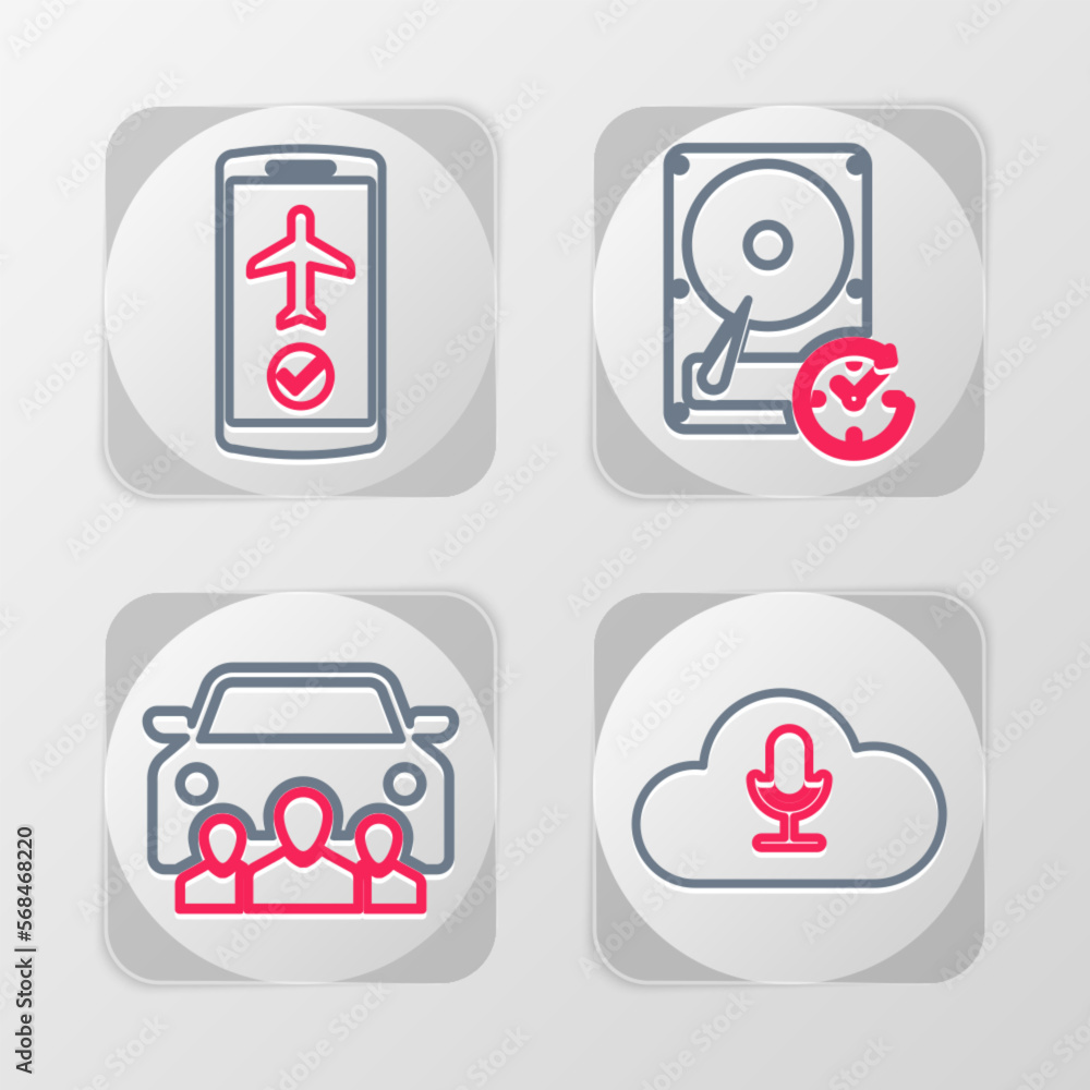 Set line Music streaming service, Car sharing, Hard disk drive with clockwise and Flight mode the mobile icon. Vector Set line Music streaming service, Car sharing, Hard disk drive with clockwise and Flight mode the mobile icon. Vector