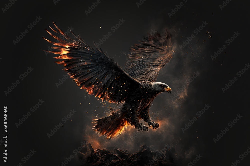 eagle with fire wings in a dark stormy landscape. eagle with fire wings in a dark stormy landscape.