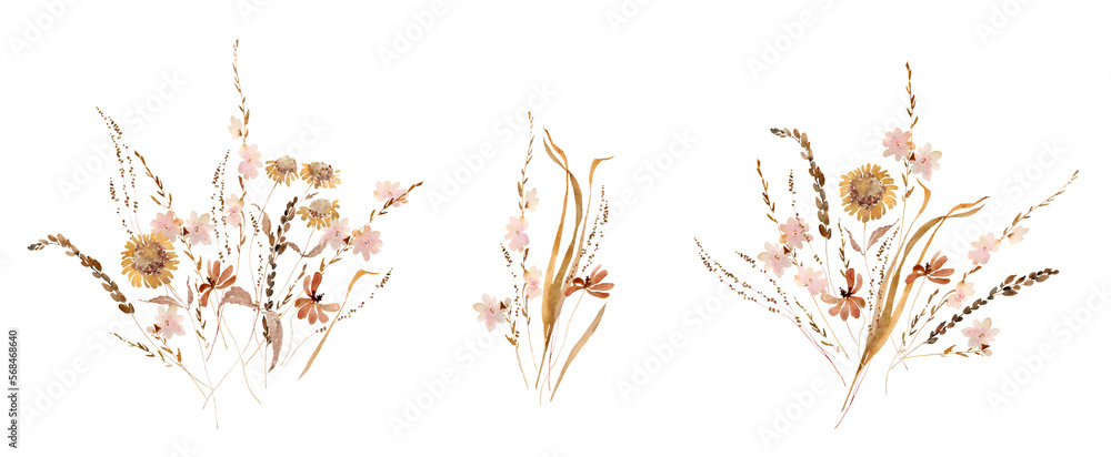 Watercolor beige wildflowers boho bouquet. Dried herbs, grass floral border, elegant arrangement. Botanical boho elements isolated on white. Wedding invitation, greeting, card, printing, design - obrazy, fototapety, plakaty 