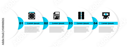 Set line Cryptocurrency bitcoin with circuit, Mining farm, Smart contract and ASIC Miner icon. Vector