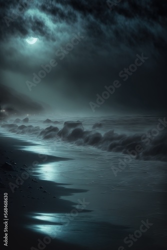 night shore. spooky dark horror beach shore.