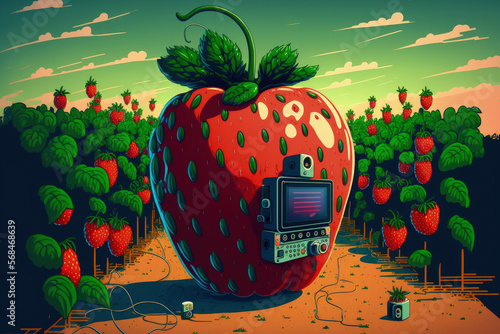 Internet of things (IoT) technology concept for smart agriculture. In a strawberry farm, an image processing camera using artificial intelligence detects plant illnesses. Generative AI photo