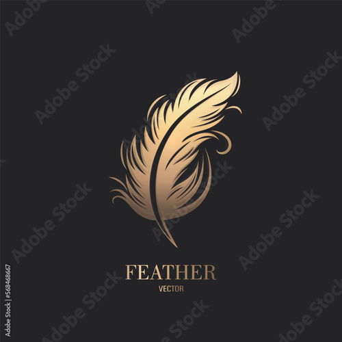 Vector Fluffy Golden Color Feather Logo Icon, Silhouette Feather Closeup Isolated. Design Template of Flamingo, Angel, Bird Feather. Lightness, Freedom Concept