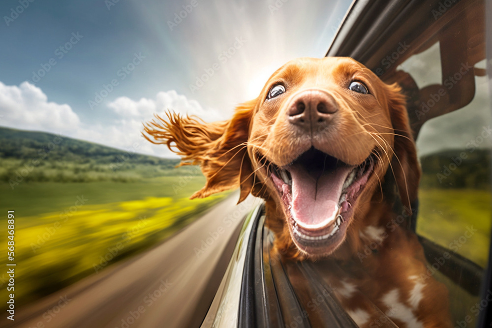 Happy dog with head out of the car window having fun. Travel with a pet