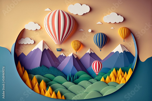 Hot air balloon over the mountains, paper craft art or origami style for baby nursery, children design.Generative ai.