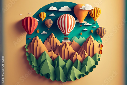 Hot air balloon over the mountains,  paper craft art or origami style for baby nursery, children design.Generative ai.