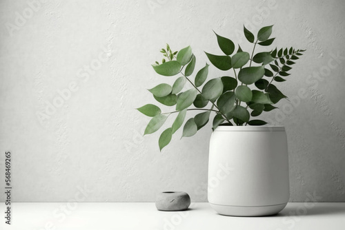 Green Plant Leave In a Ceramic Vase on White Table. Generative AI