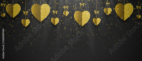 Gold glitter hearts on black background. valentine's day, love, luxury background, glitter heart, birthday greeting card design. Paper elements in shape of heart flying on black background.