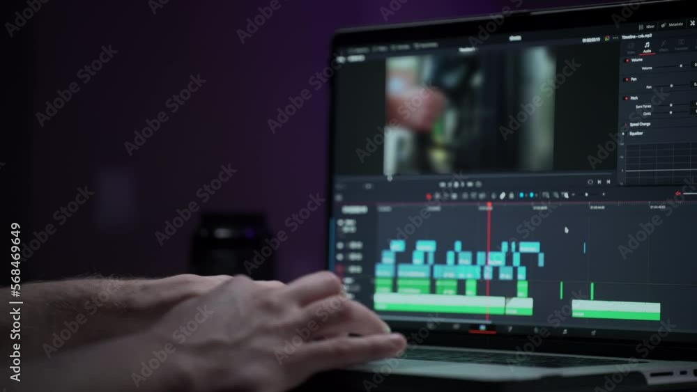 Monitor or display of the editor's laptop. Uses a computer to creatively create a video clip. Makes color correction of video content. A freelance colorist works at home in the studio. Cinematographer Monitor or display of the editor's laptop. Uses a computer to creatively create a video clip. Makes color correction of video content. A freelance colorist works at home in the studio. Cinematographer