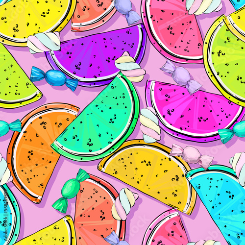 Seamless vector pattern. Sweets, desserts, deliciousness. Marmalade, candies, marshmallows, sweets, dessert, yummy. Juicy sweet background