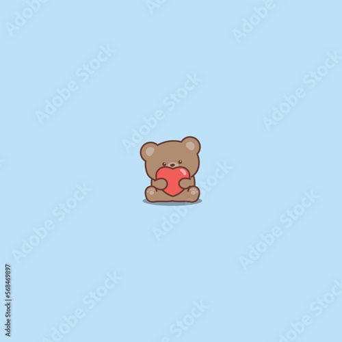 Cute brown bear with red heart cartoon, vector illustration