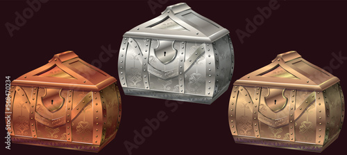 Realistic metal chests for games in vector. Bronze, silver and gold isolated on dark background.