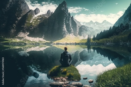 person doing gratitude meditation on a grassy beautiful mountain lake scenery, generative artificial intelligence 