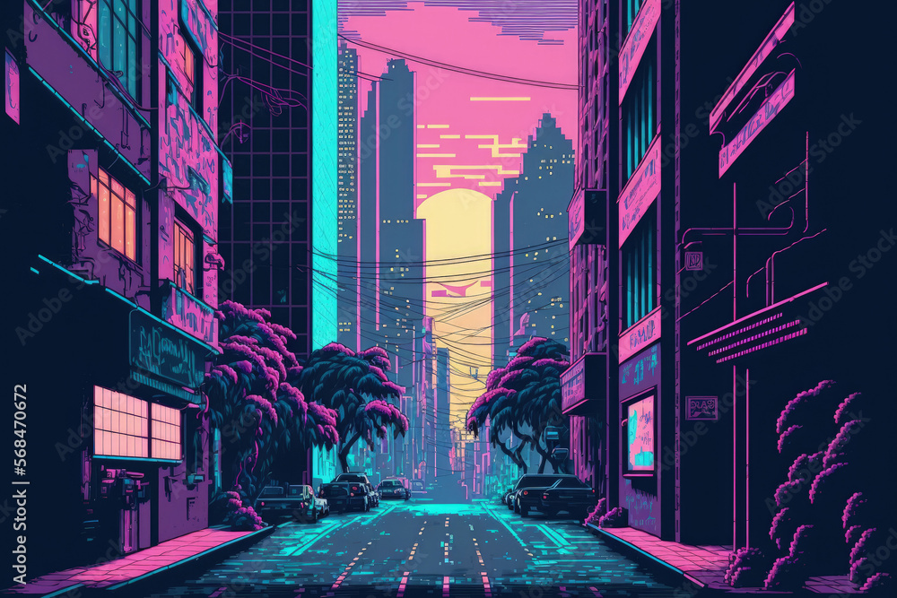 Cyberpunk city street. Sci-fi wallpaper. Futuristic city scene in a style  of pixel art. Urban scene. Generative AI. 22451635 Stock Photo at Vecteezy