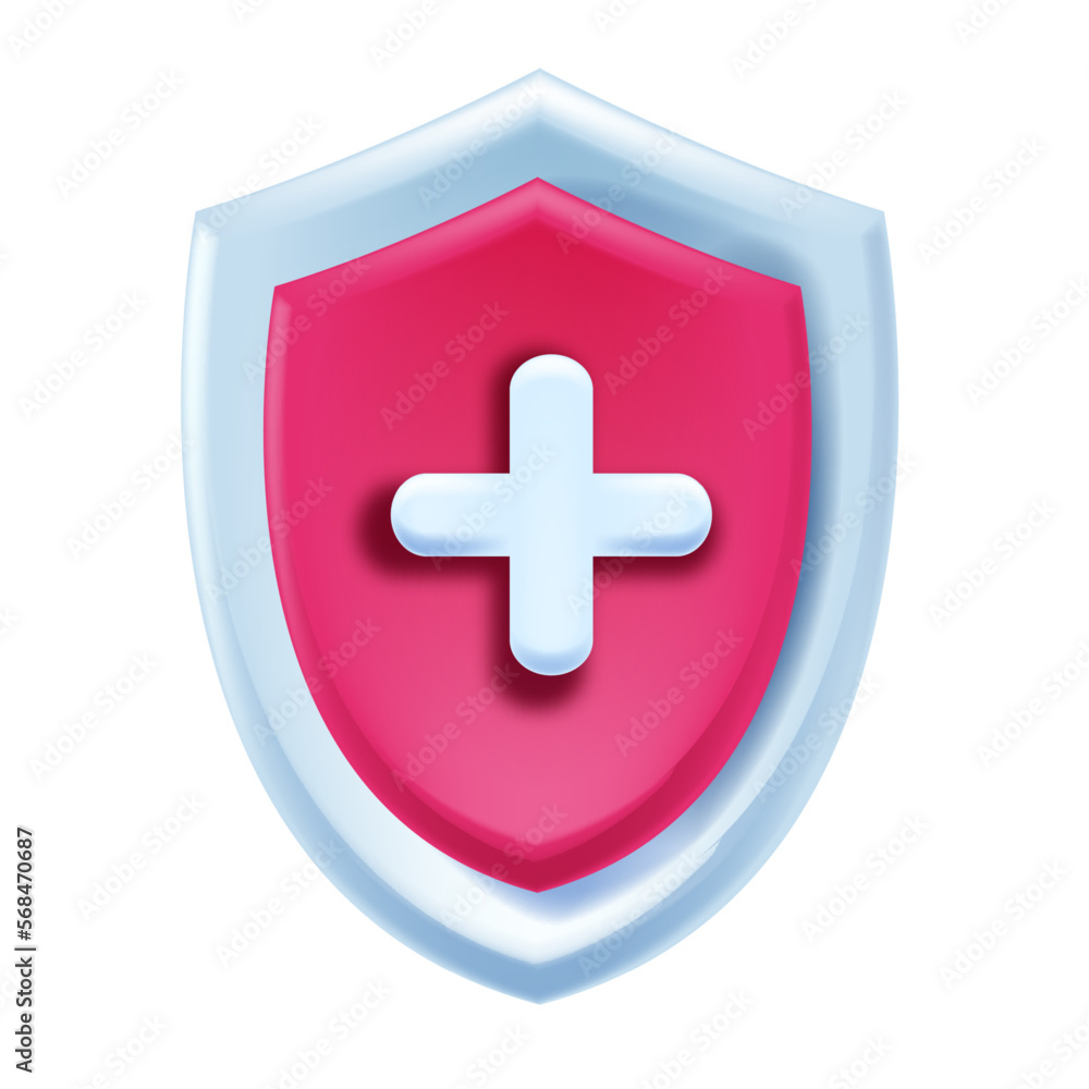 Fototapeta premium 3d medical shield vector icon, health safety abstract badge, hospital insurance sign, white cross. Pharmacy security logo, emergency help concept, virus infection defence. Medical shield on white