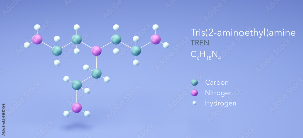 Tris(2-aminoethyl)amine molecule, molecular structures, C6H18N4, 3d model, Structural Chemical Formula and Atoms with Color Coding Tris(2-aminoethyl)amine molecule, molecular structures, C6H18N4, 3d model, Structural Chemical Formula and Atoms with Color Coding