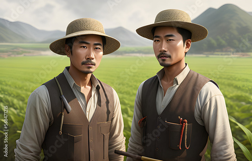 a painting portrait of a Asian male Farmer in outfit - Generative AI photo