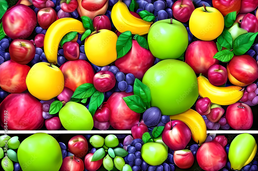 a set of fruits in a cartoon style, featuring a variety of different fruits such as apples, bananas, grapes, oranges, and others.