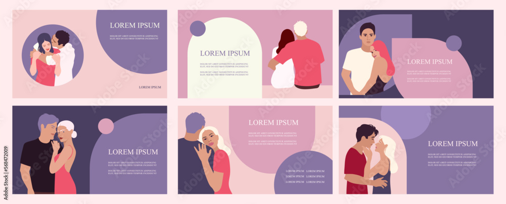 Set of modern banner templates for presentation. Loving couples in a relationship. Horizontal banners. Vector flat illustrations. EPS 10. Valentine's Day. Pink and purple colors. 