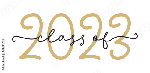 Class of 2023. Graduation logo for high school, college graduate. Template for graduation design, party. Hand drawn font for yearbook class of 2023. Vector black and gold color illustration.