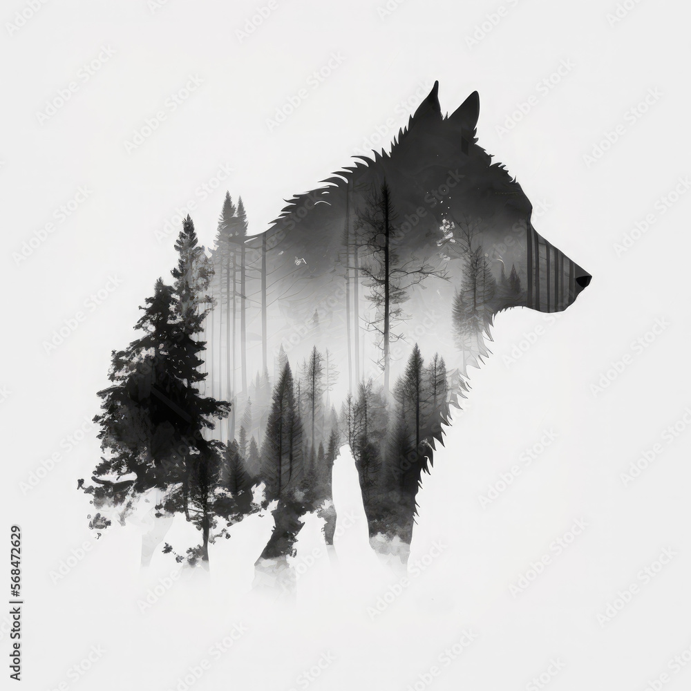 Fototapeta Duuble exposure head wolf and a forest. Generative AI illustration.