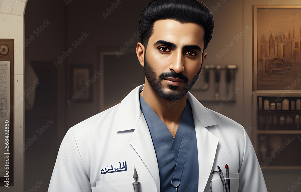 a painting portrait of a Arab man Surgeon in outfit - Generative AI a painting portrait of a Arab man Surgeon in outfit - Generative AI