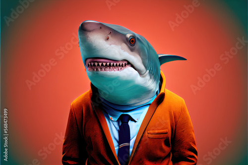 Generative AI illustration anthropomorphic portrait of crazy angry shark in brown jacket blue shirt and tie with red eyes and sharp teeth looking at camera