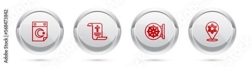 Set line Star and crescent, Decree, paper, parchment, scroll, Dharma wheel and of David. Silver circle button. Vector