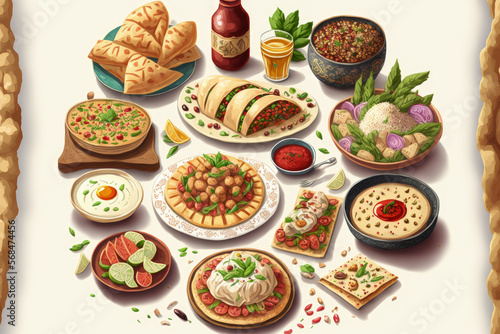 assorted Turkish dishes, hummus, muhamara, mutabal, falafel, shawarma. Generative AI