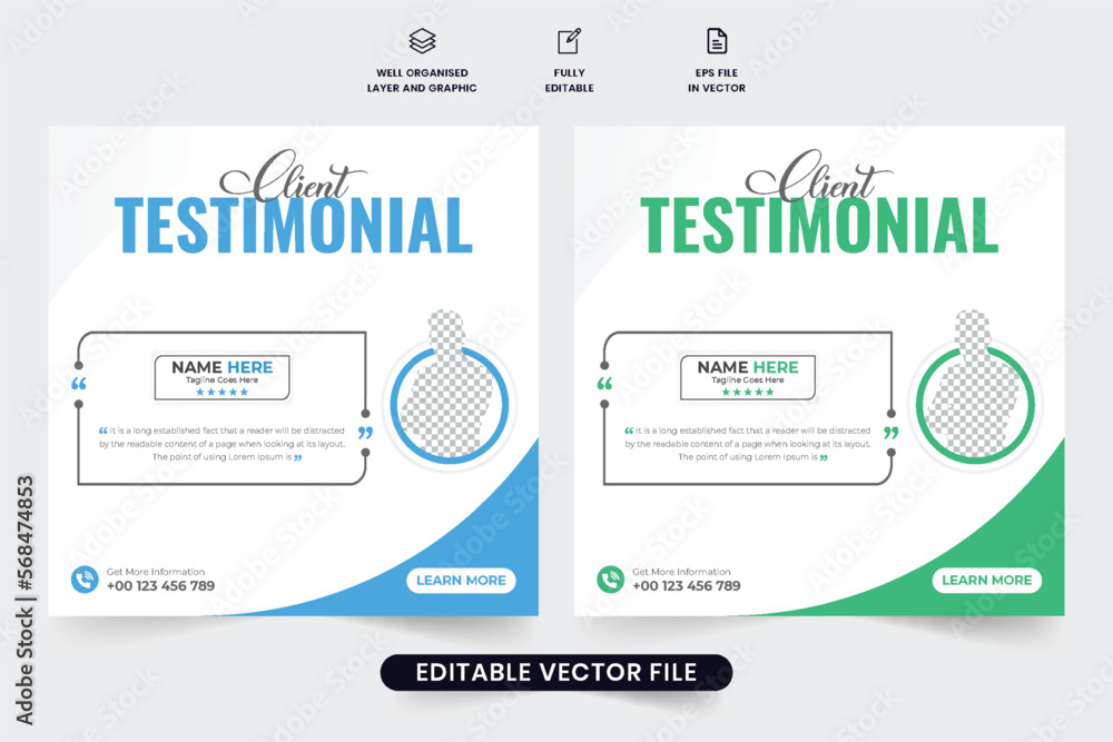 Creative company testimonial design with abstract shapes and quote sections. Customer service review and comment layout design for websites. Client feedback template vector with photo placeholders.