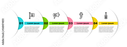 Set line Flag peace, Megaphone, Psilocybin mushroom and Beer bottle. Business infographic template. Vector