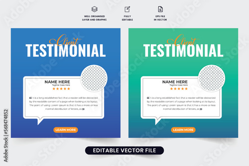 Customer service feedback and client testimonial template design with blue and green colors. Modern business promotion and client feedback layout vector. Customer quote layout with photo placeholders.