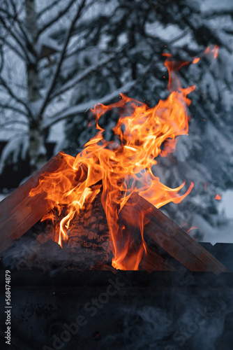 Firewood is burning in the grill. Fire on the background of snow. Heat and cold. Flames.