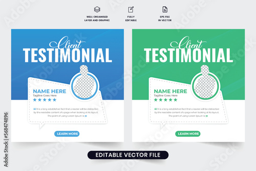 Client testimonials testimonial template vector with blue and green colors. Customer feedback template design with star ratings. Customer feedback review or testimonial layout vector.