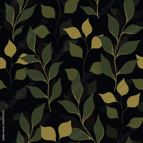 Seamless pattern, botanical print with hand drawn plants in natural colors. Abstract composition of large branches with small green leaves on a dark background. Vector illustration.