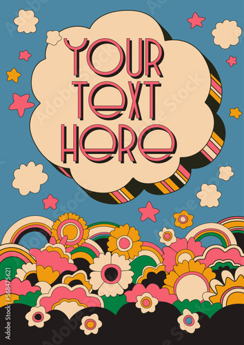 Psychedelic Flowers Retro Style Background. 1960-1970s Vintage Floral Abstract Poster
