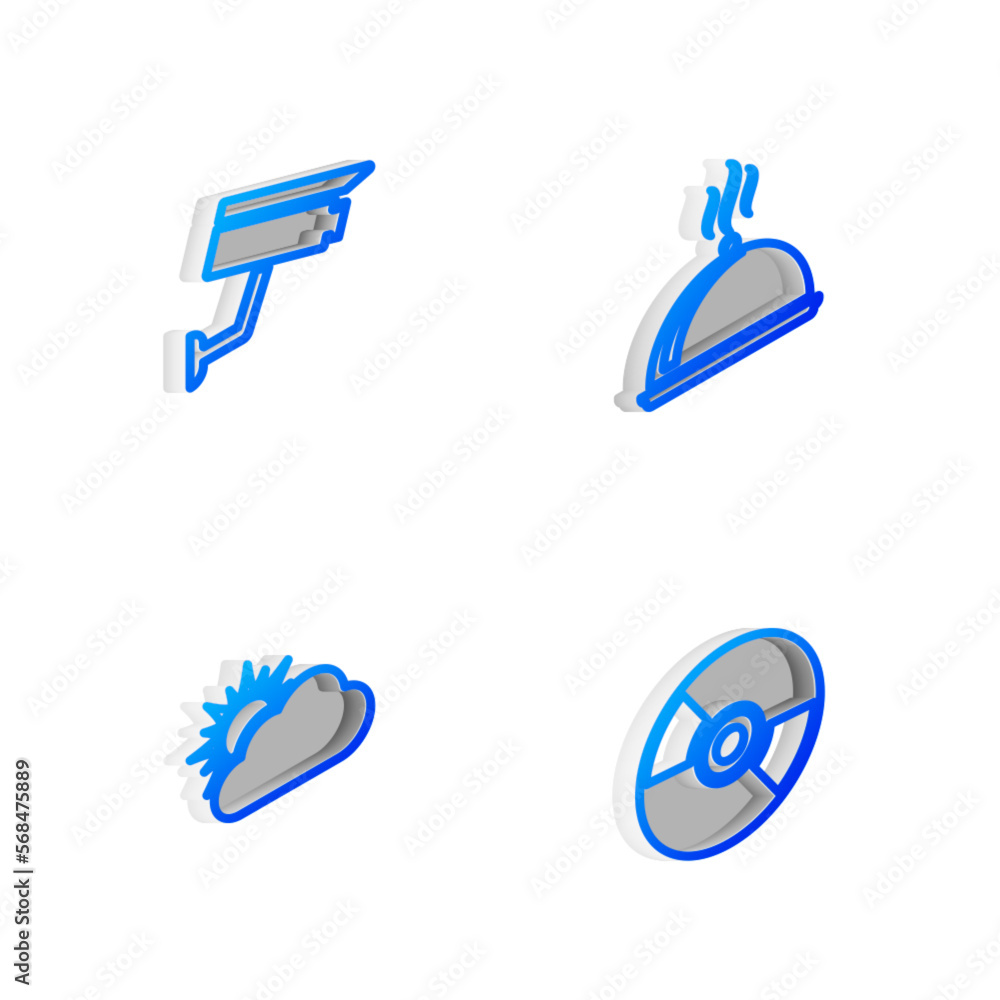 Set Isometric line Covered with tray of food, Security camera, Sun and cloud weather and CD or DVD disk icon. Vector Set Isometric line Covered with tray of food, Security camera, Sun and cloud weather and CD or DVD disk icon. Vector