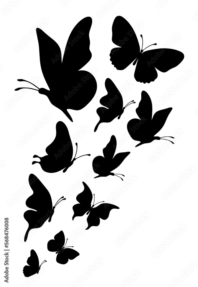 Flock of silhouette black butterflies on white background Flock of silhouette black butterflies on white background