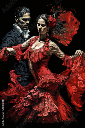 Generative AI illustration of Young couple dancing flamenco